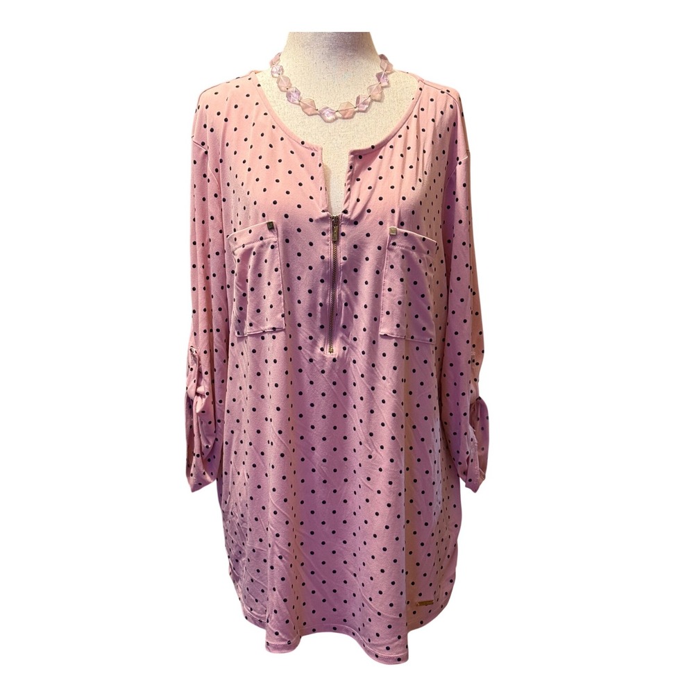 Ellen Tracy Pink Polka Dot Quarter‎ Zip 3/4 Sleeve Tunic Top Women XL